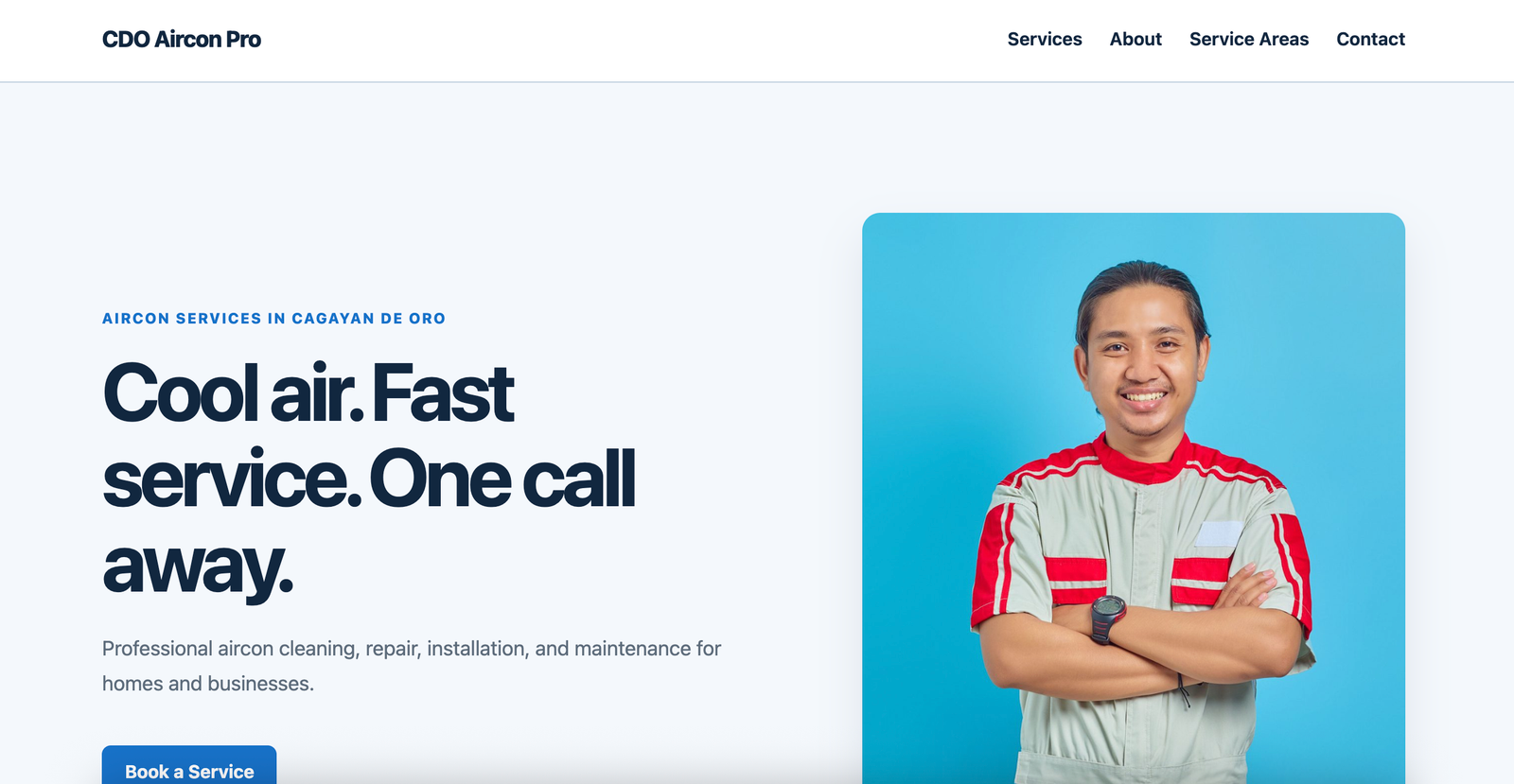 CDO Aircon Pro homepage featuring local aircon services in Cagayan de Oro and a technician portrait