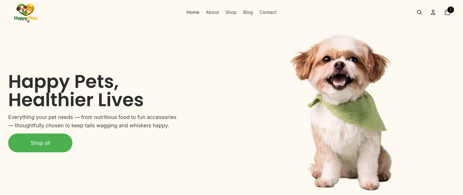 Happy Pets PH Shopify storefront homepage featuring the Happy Pets, Healthier Lives message and a dog portrait