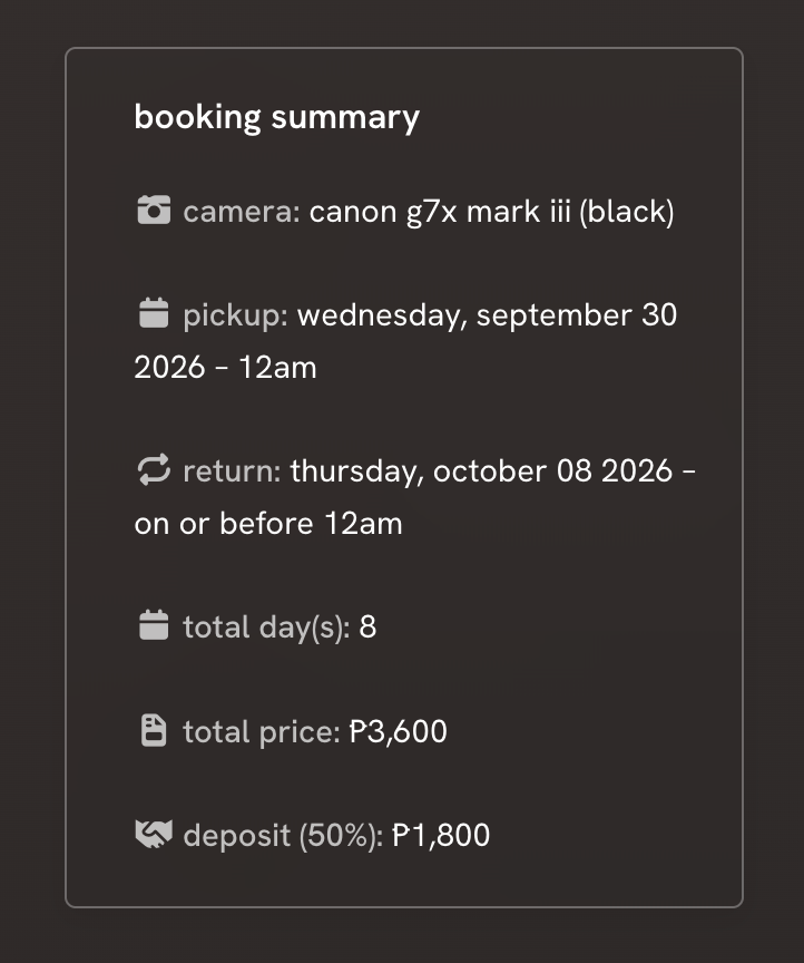 Point and Shoot CDO booking summary showing rental dates, automatic total, and deposit calculation