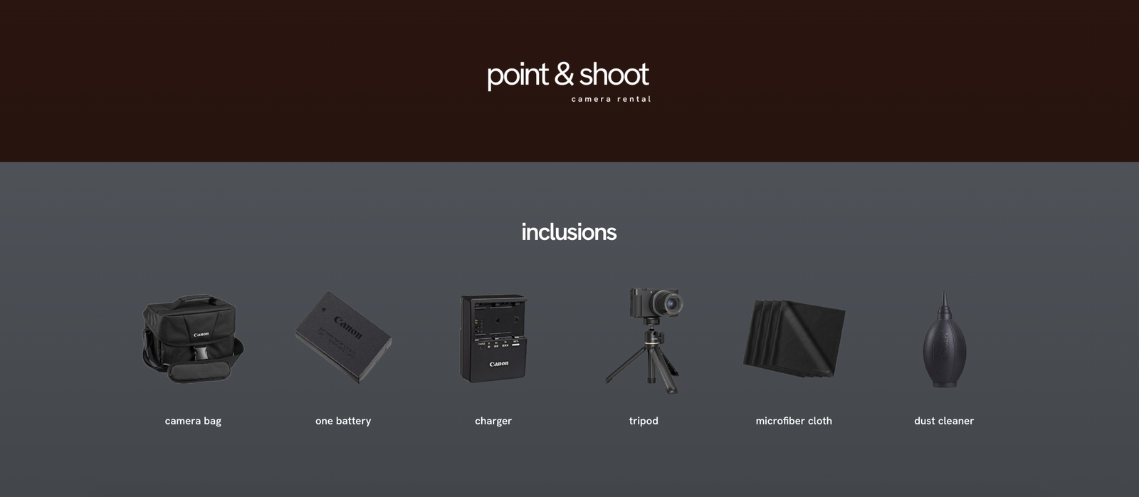 Point and Shoot CDO camera rental website showing included camera accessories